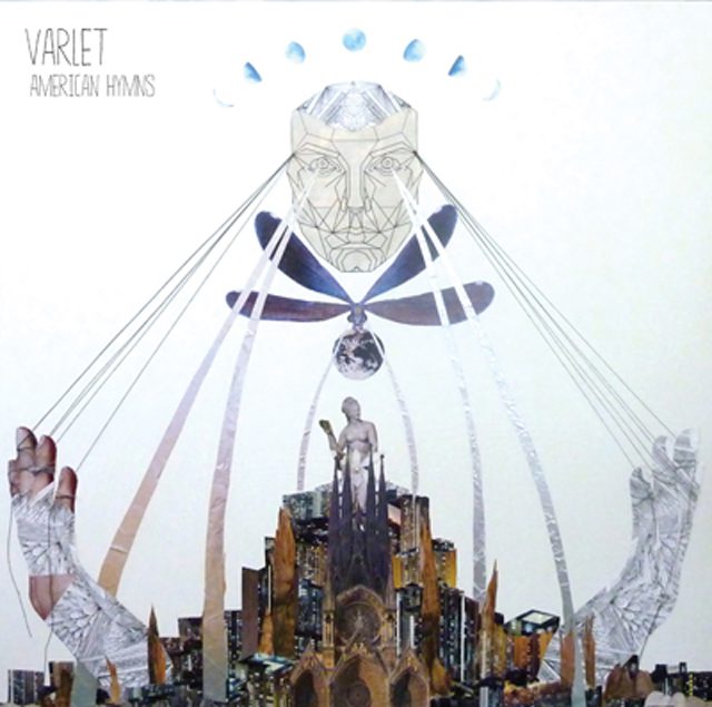 Abstract figure above cityscape with strings.