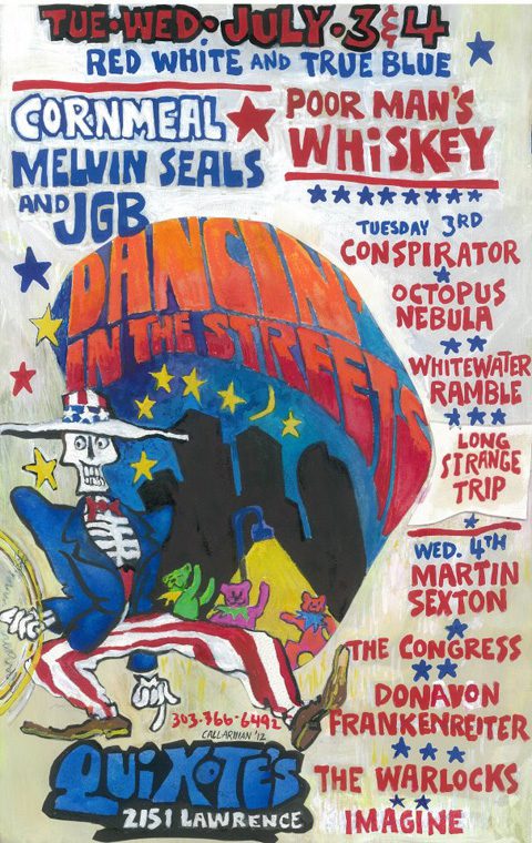Colorful concert poster with dancing skeleton illustration.