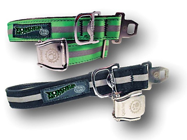 Two colorful striped seatbelt-style belts.