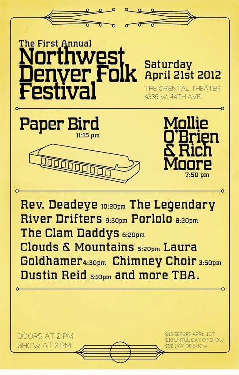 Yellow poster for Northwest Denver Folk Festival.