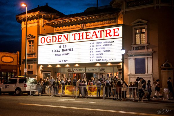 Crowd outside Ogden Theatre at night.