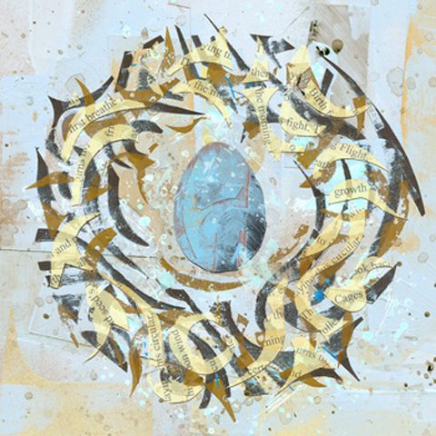 Abstract collage with egg and text strips.