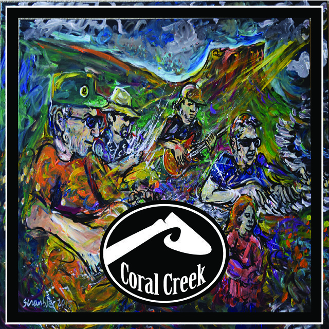 Colorful painting of musicians playing instruments.