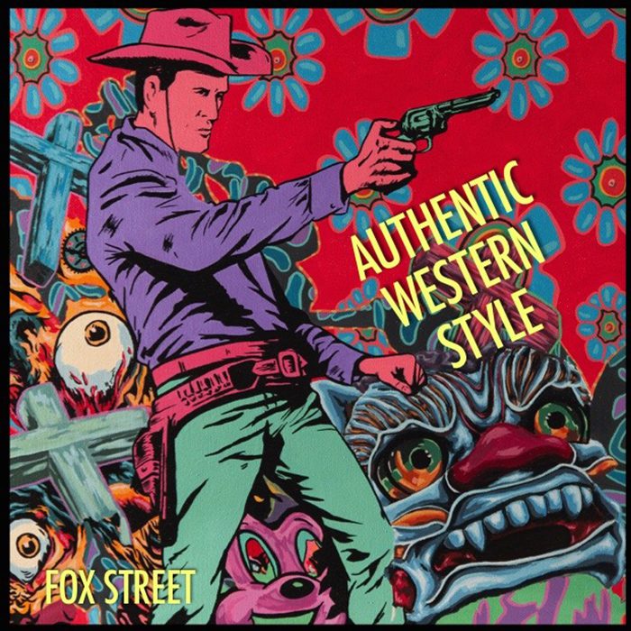 Cowboy with gun and vibrant background design.