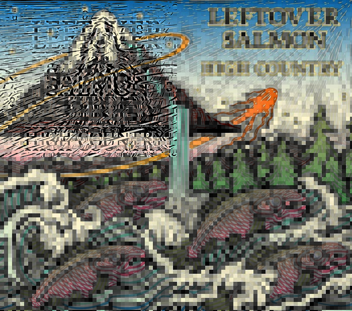 Colorful mountain and fish illustration, "Leftover Salmon.
