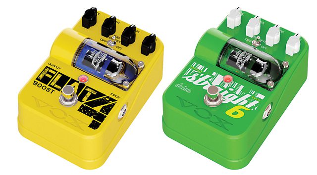 Yellow and green guitar effects pedals.