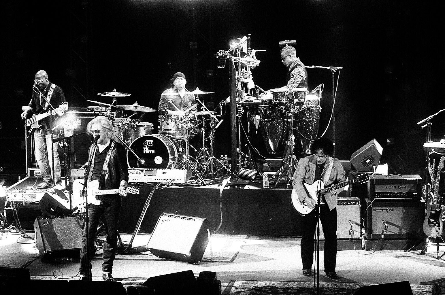 Black-and-white photo of a live band.