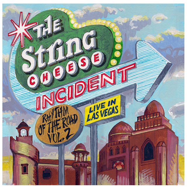 Vintage-style sign with "The String Cheese Incident.