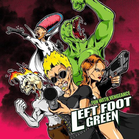 Comic-style characters with weapons and text.