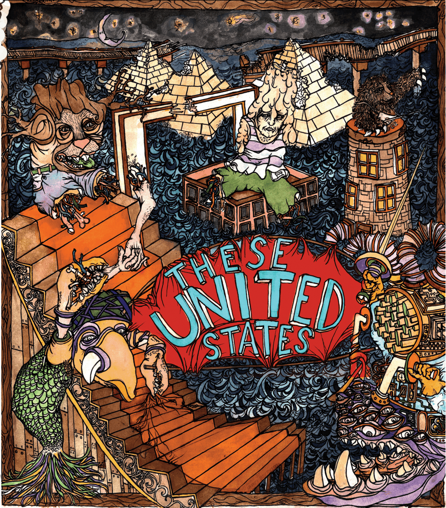 Surreal illustration with "These United States" text.