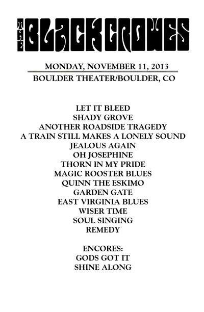 Concert setlist for The Black Crowes, 2013.