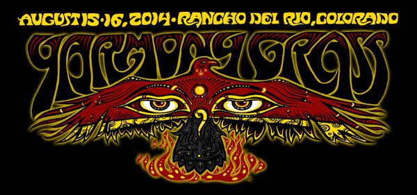 Psychedelic design with fiery bird and text.
