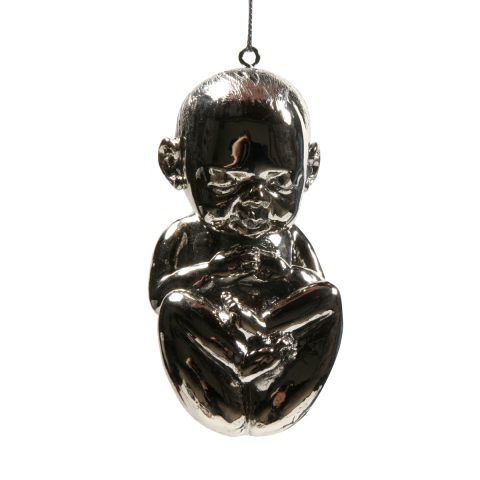 Chrome baby sculpture hanging by a chain.