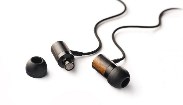 Wooden earbuds with detached ear tips.