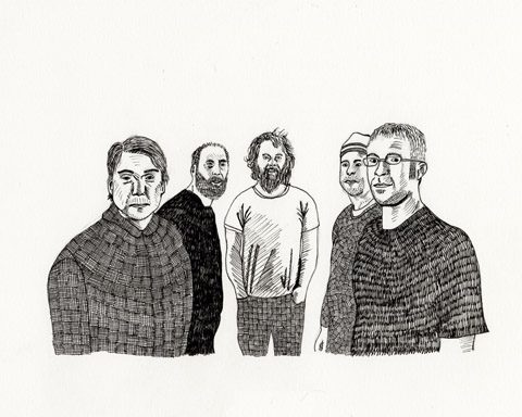 Illustrated group of five people standing together.
