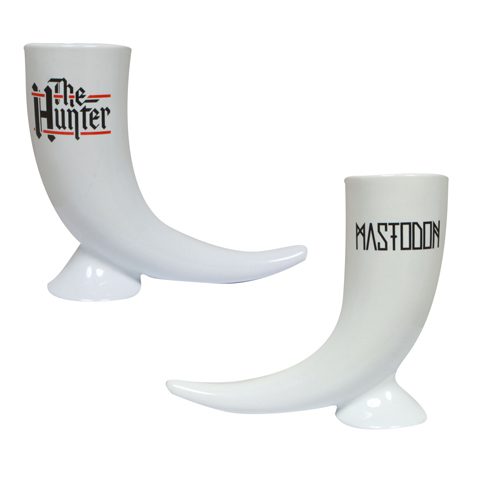 Ceramic horn mugs with band logos.