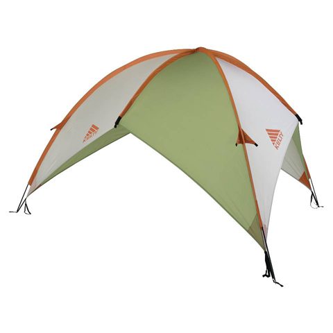 Green and white dome tent with logo.