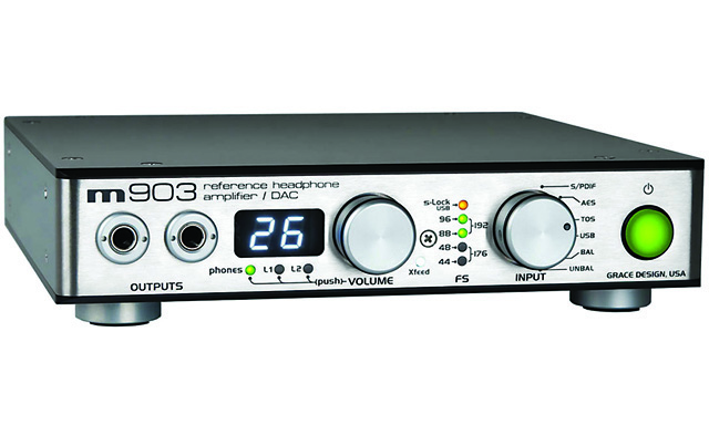 Headphone amplifier with digital display and controls.