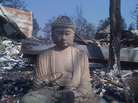 Buddha statue amidst rubble and debris.
