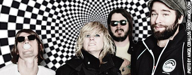 Four people with a swirling checkered background.