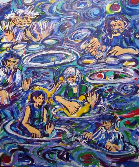 Abstract painting of people in swirling water.