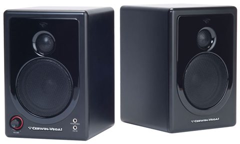 Black Cerwin-Vega desktop speakers, front view.