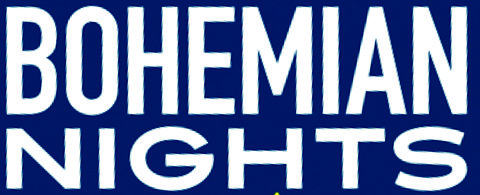Bohemian Nights text on blue background.