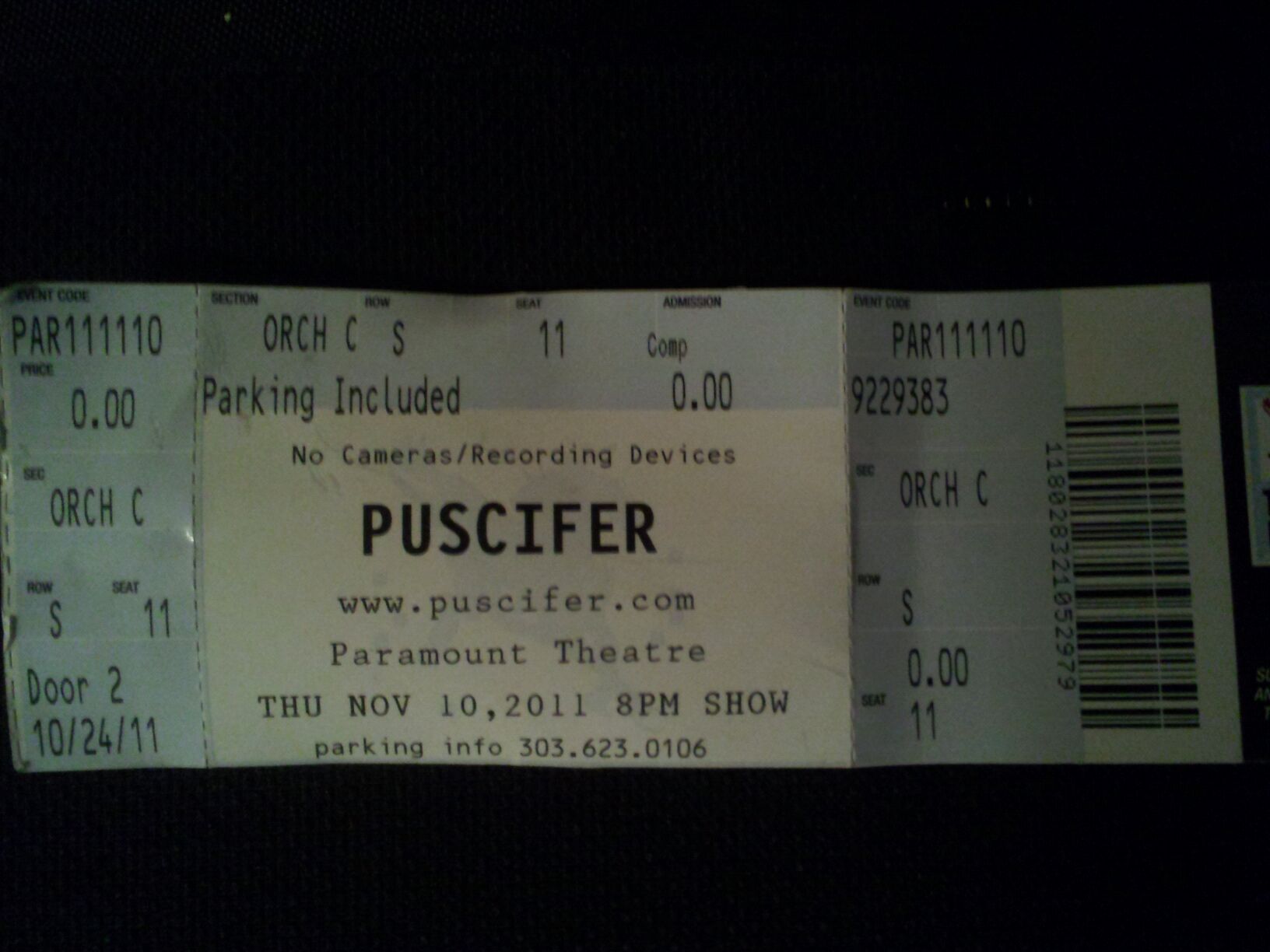 Concert ticket for Puscifer at Paramount Theatre.