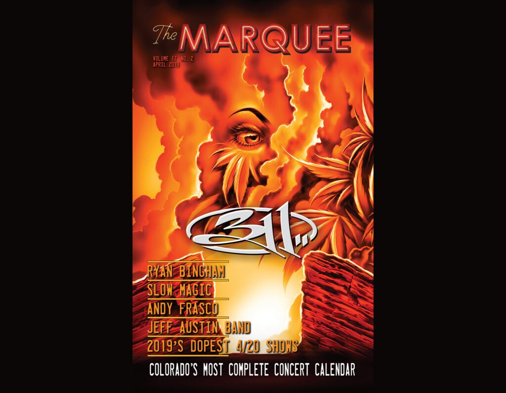 Concert poster with fiery abstract design.