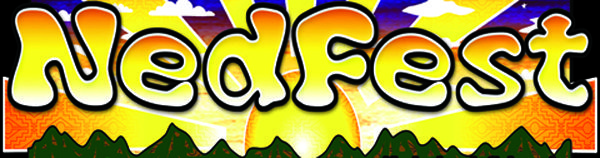 Colorful NedFest logo with mountain background.