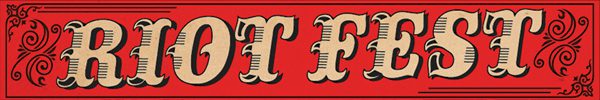 Riot Fest logo with decorative red background.