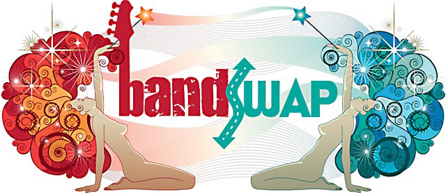 Colorful BandSwap logo with artistic figures.