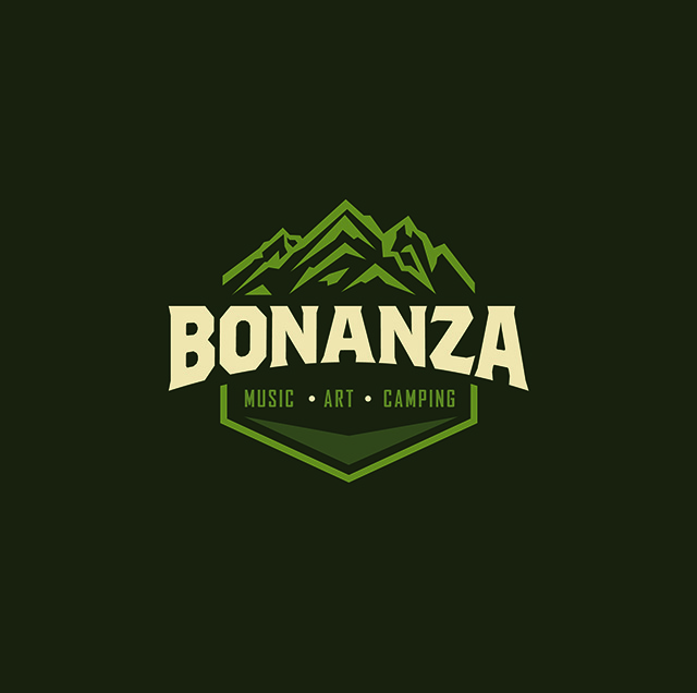 Bonanza logo with mountains, music, art, camping.