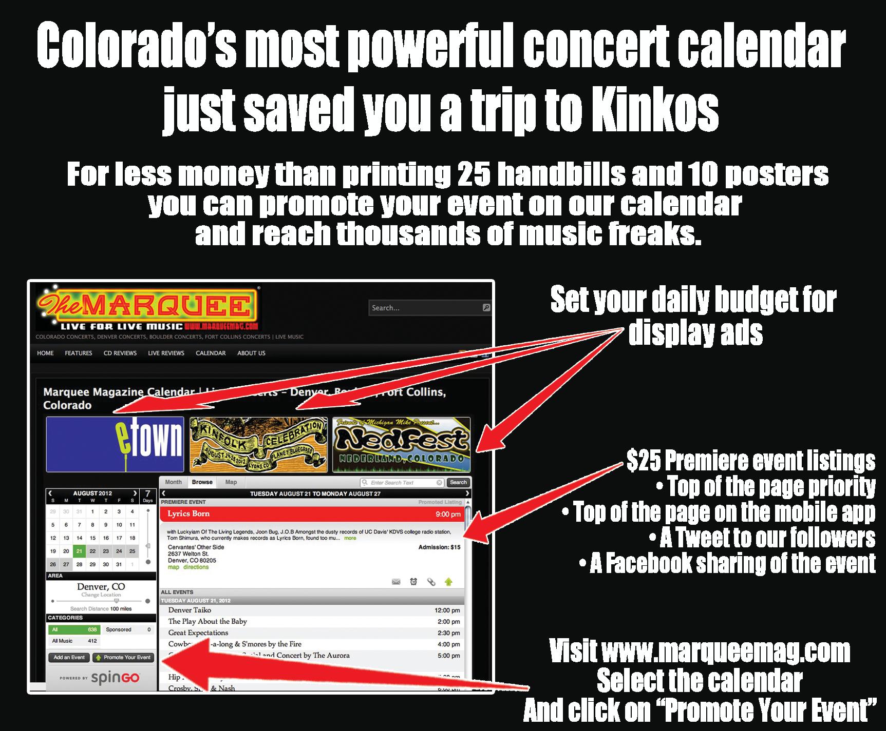 Concert calendar promotional advertisement with website details.