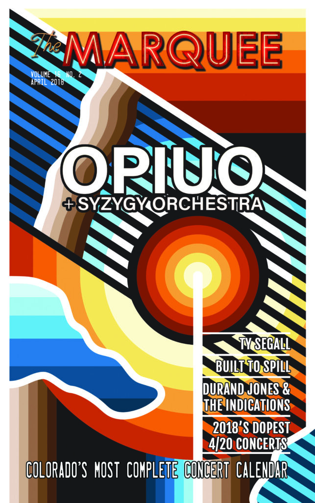 Colorful concert poster with geometric design.