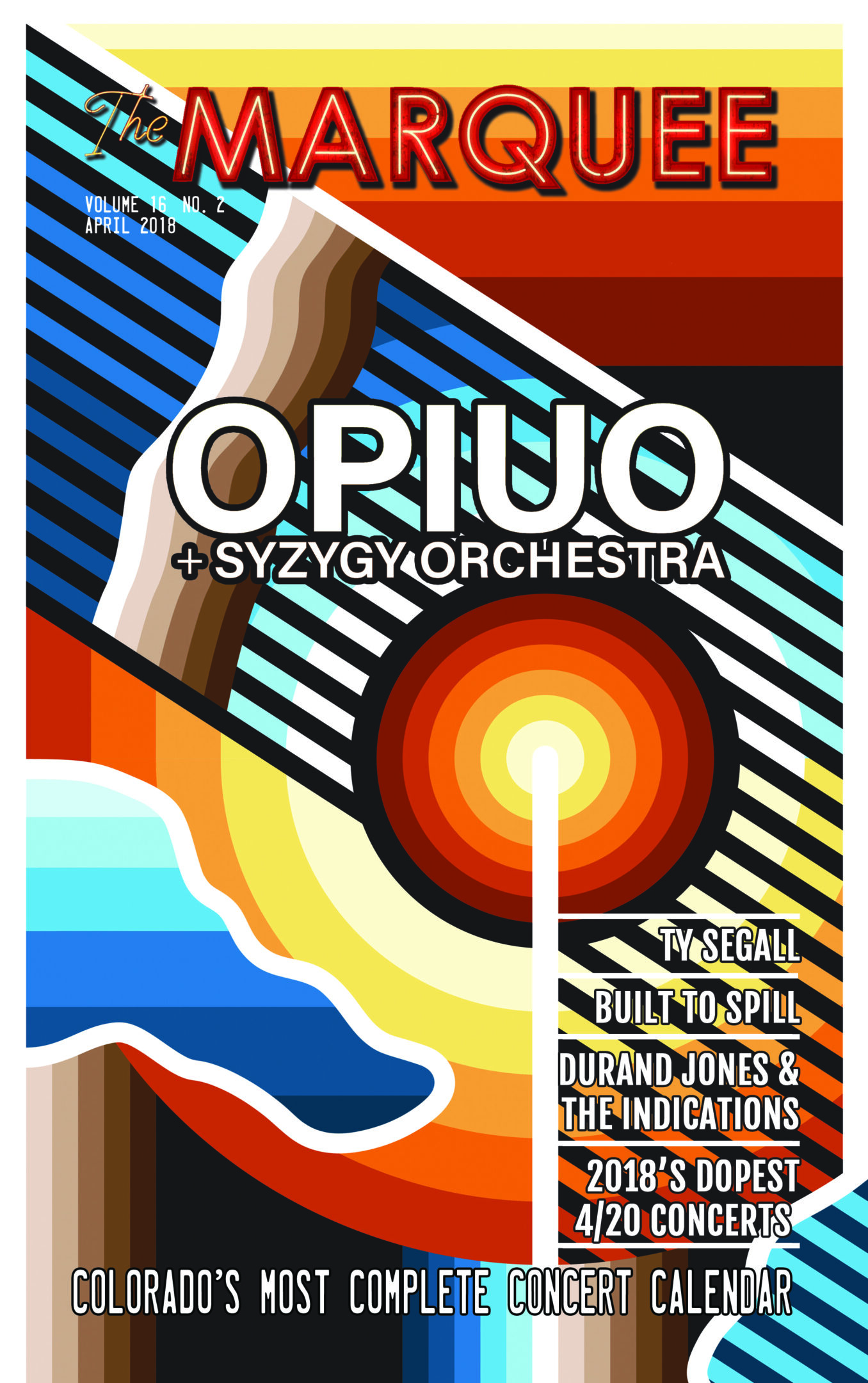 Colorful concert poster with geometric design.