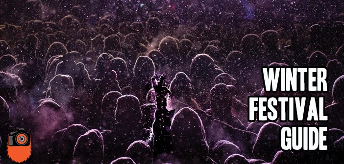 Crowd at snowy winter festival event.