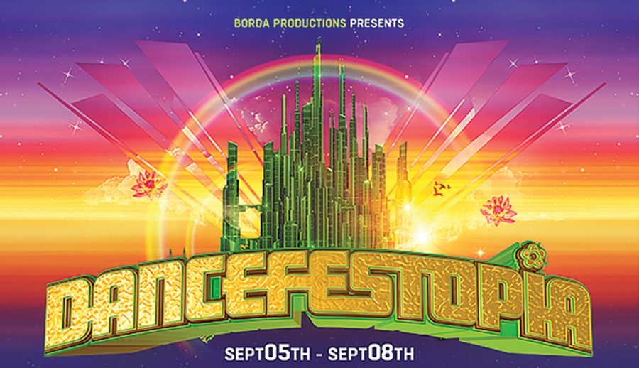 Dancefestopia festival poster with colorful background.