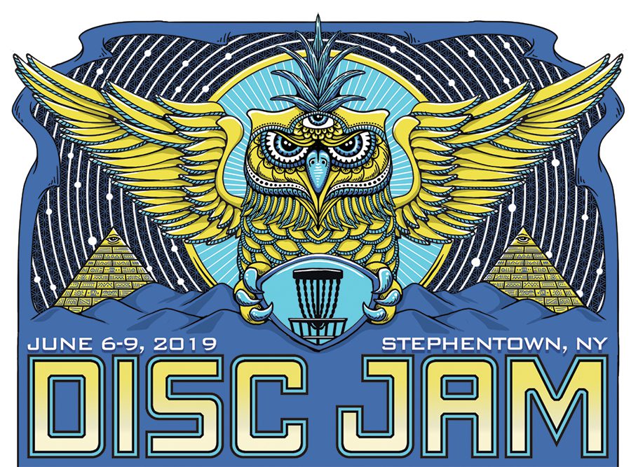 Owl with disc, Disc Jam event poster.