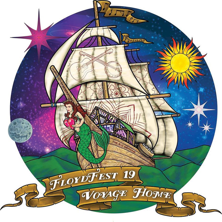 Mermaid on ship with celestial background illustration.