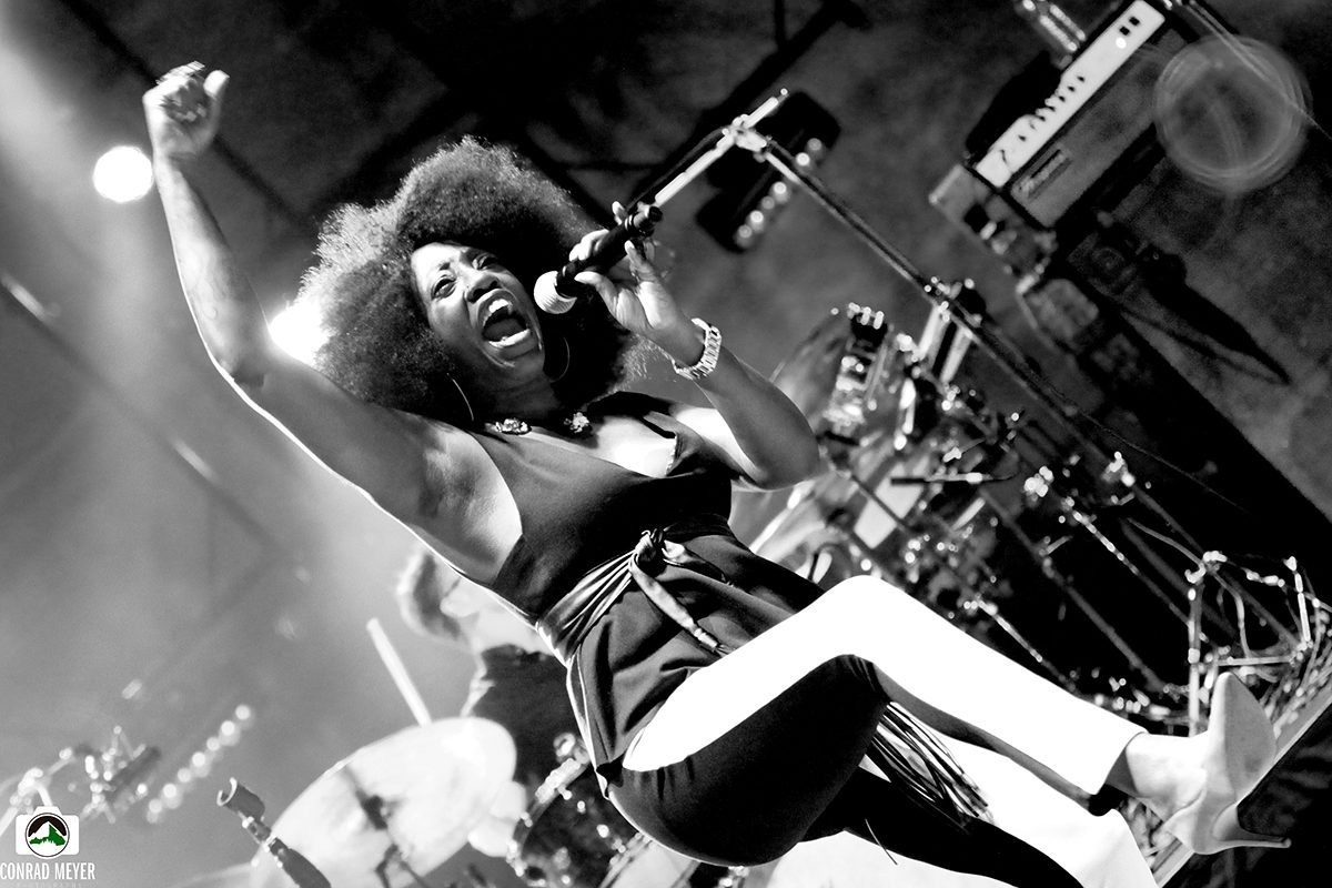 Singer performing energetically on stage, monochrome image.