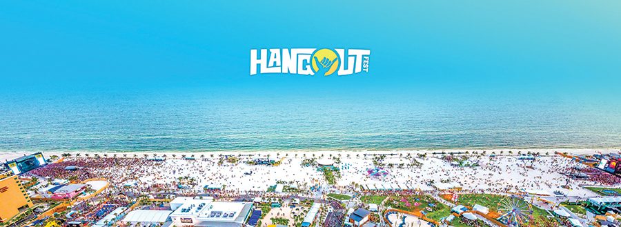 Beach festival with Hangout logo above crowd.