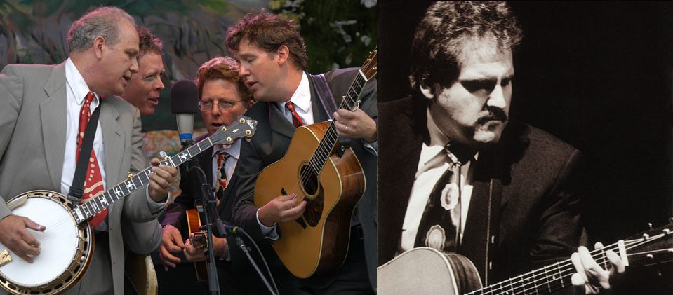 Men playing guitars and banjo on stage.