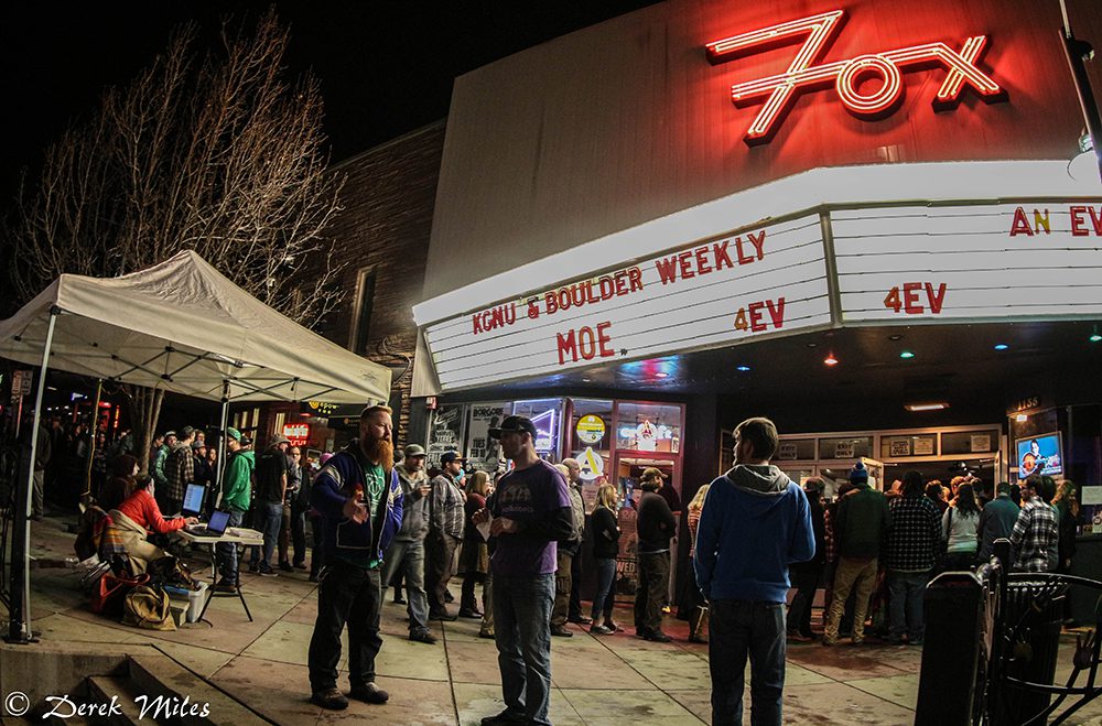 People gathered outside the Fox Theatre entrance.