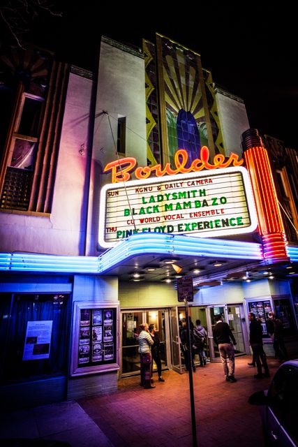 Vintage theater marquee at night, Boulder.