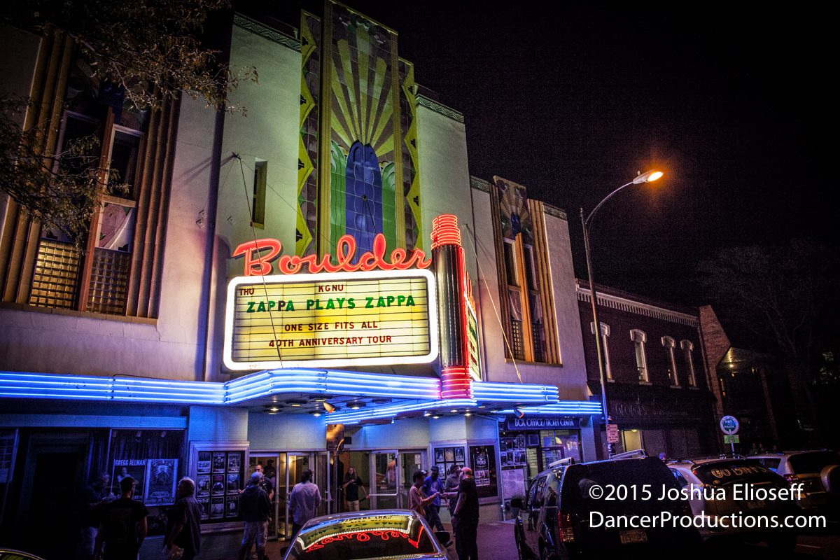 Boulder Theater neon lights at night.