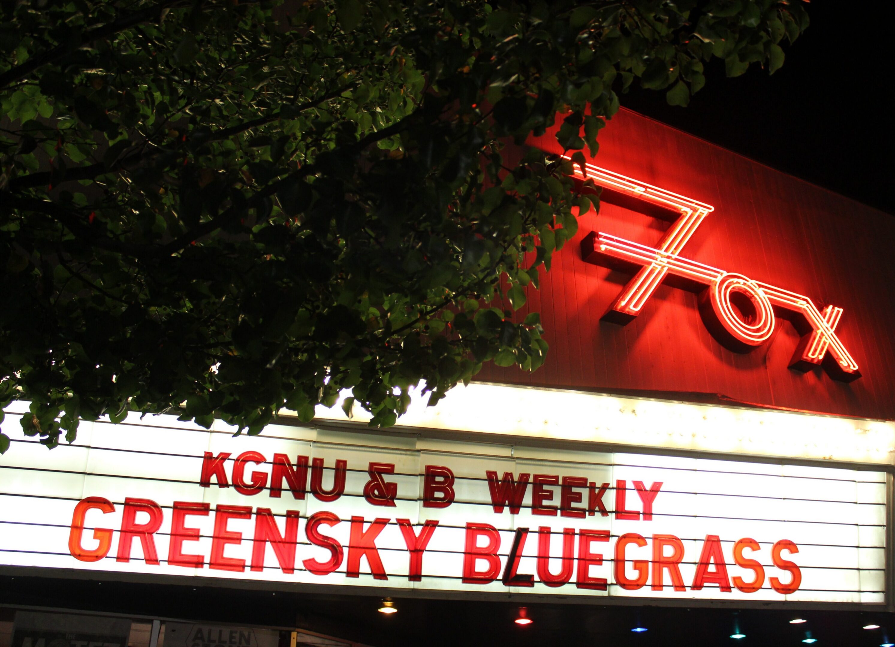 Neon theater sign for Greensky Bluegrass concert.