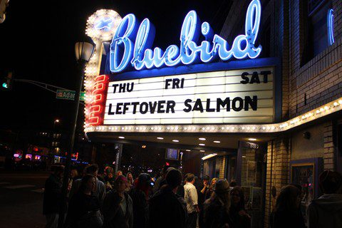Bluebird Theater marquee at night, Leftover Salmon.
