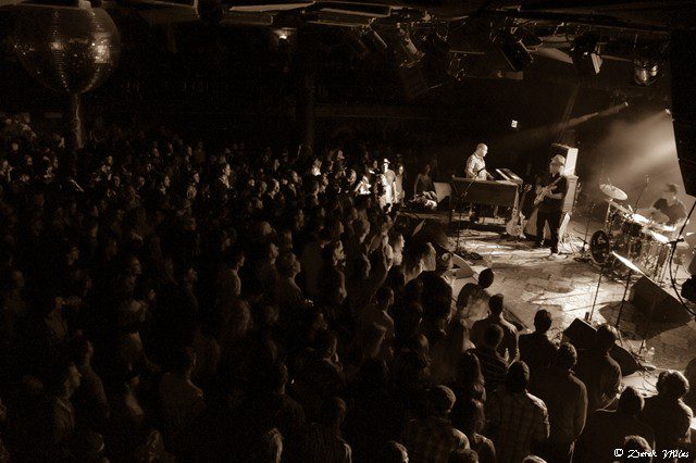 Concert crowd enjoying live band performance.