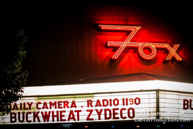 Fox Theater marquee with neon lights illuminated.
